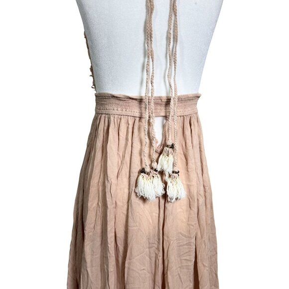 Free People Womens Dress M/L Light Pink Halter Maxi Tassel Tie Back Beachy Boho - Picture 5 of 9